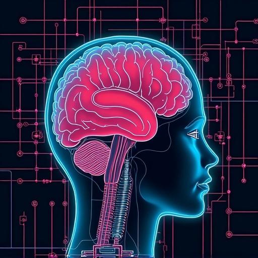 Ilustrate a brain with technology elements. Create an artistic representation of a human head with a neon brain illuminated. Include circuit patterns in the background and a retro-futuristic style. Aim for vibrant colors and a modern twist.