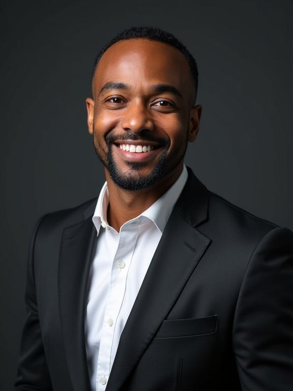 Photo-realistic portrait of an African-American male, age 38, in a dark tailored blazer and crisp white shirt. Energetic and persuasive character with a slight closed-mouth smile and direct eye contact. Neat short hair, clean-shaven look, subtle lapel microphone optional. Studio setting with three-point lighting, dark-gray background, and balanced mid-shot from head to mid-chest. Sharp focus with realistic skin texture and natural color grading.