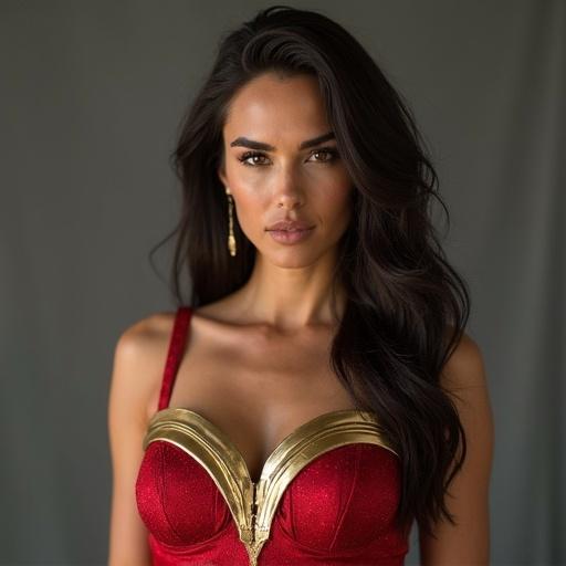 Image of a woman dressed in a red and gold superhero costume with long dark hair. The setting is neutral to highlight the outfit and features. The costume resembles well-known superhero attire.