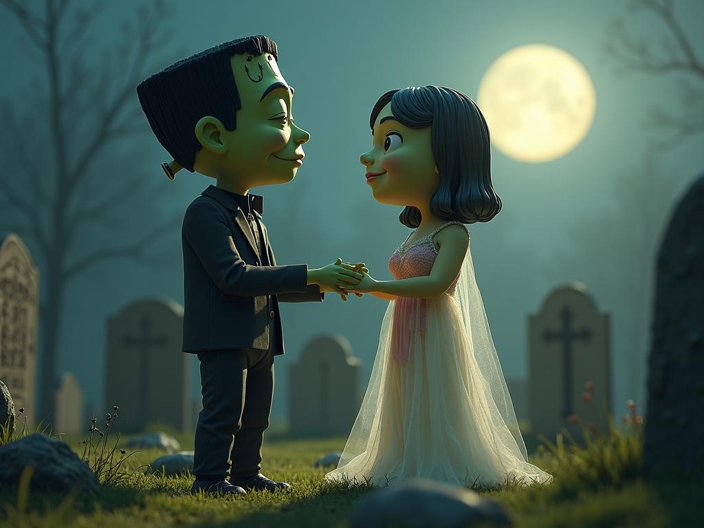 3D animated Frankenstein monster and the Bride of Frankenstein in a graveyard during moonlight. They're holding hands. Fog surrounds them. The style is whimsical and dreamlike. Focus on charm and symmetry.