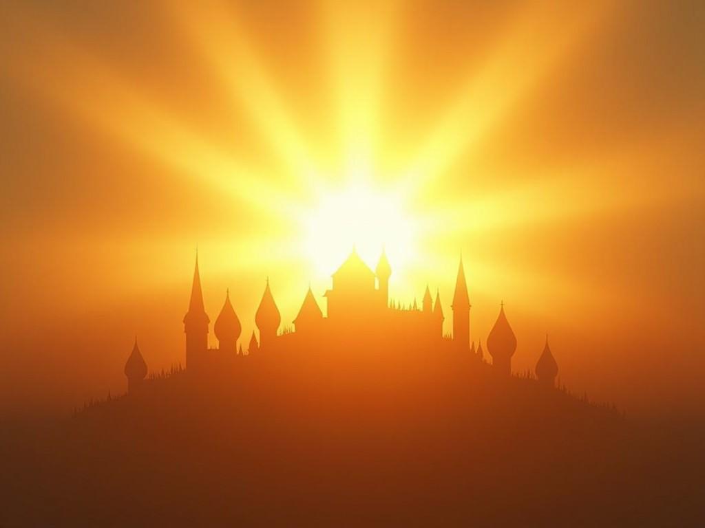 This image depicts a striking silhouette of a castle against a radiant sunrise. The strong light from the sun casts golden rays that enhance the mystical aura of the scene. The castle features pointed towers and intricate architecture, creating an enchanting atmosphere. The contrast between the dark silhouette and the bright background evokes a sense of wonder. This image could serve as an inspiring backdrop for various creative projects.