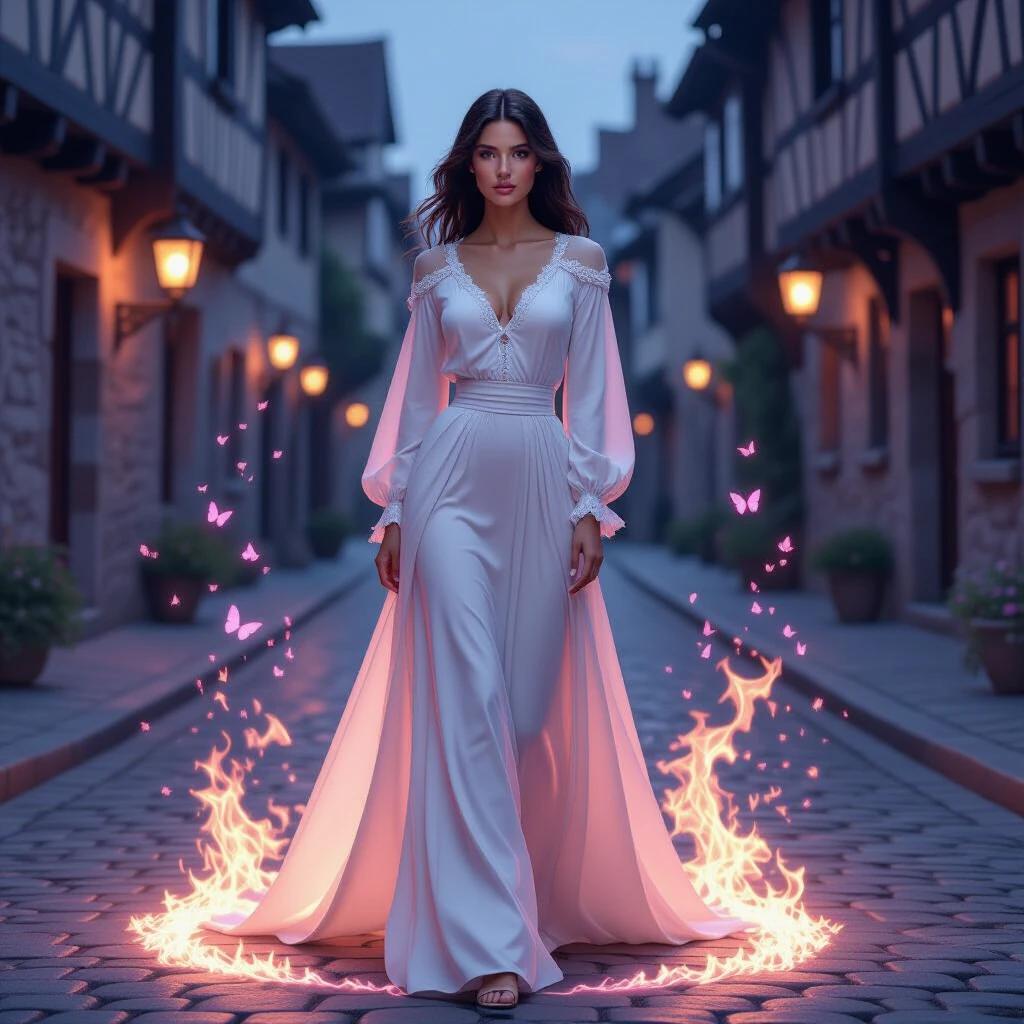 Woman standing on a medieval cobblestone street at dusk wearing a white blouse and long skirt. Hyper-realistic appearance with natural skin texture and flowing hair. Ethereal pastel-colored flames rise from her feet in soft hues. Delicate butterflies and petals drift around her. A faint magic circle glows behind.