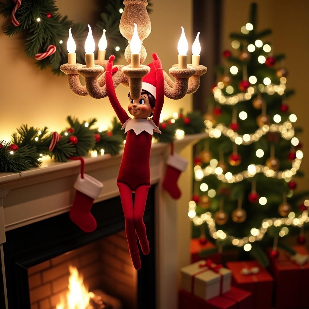 Elf figure in red outfit hanging from chandelier. Cozy living room with decorated Christmas tree, stockings, and glowing fireplace. Festive holiday atmosphere presented.