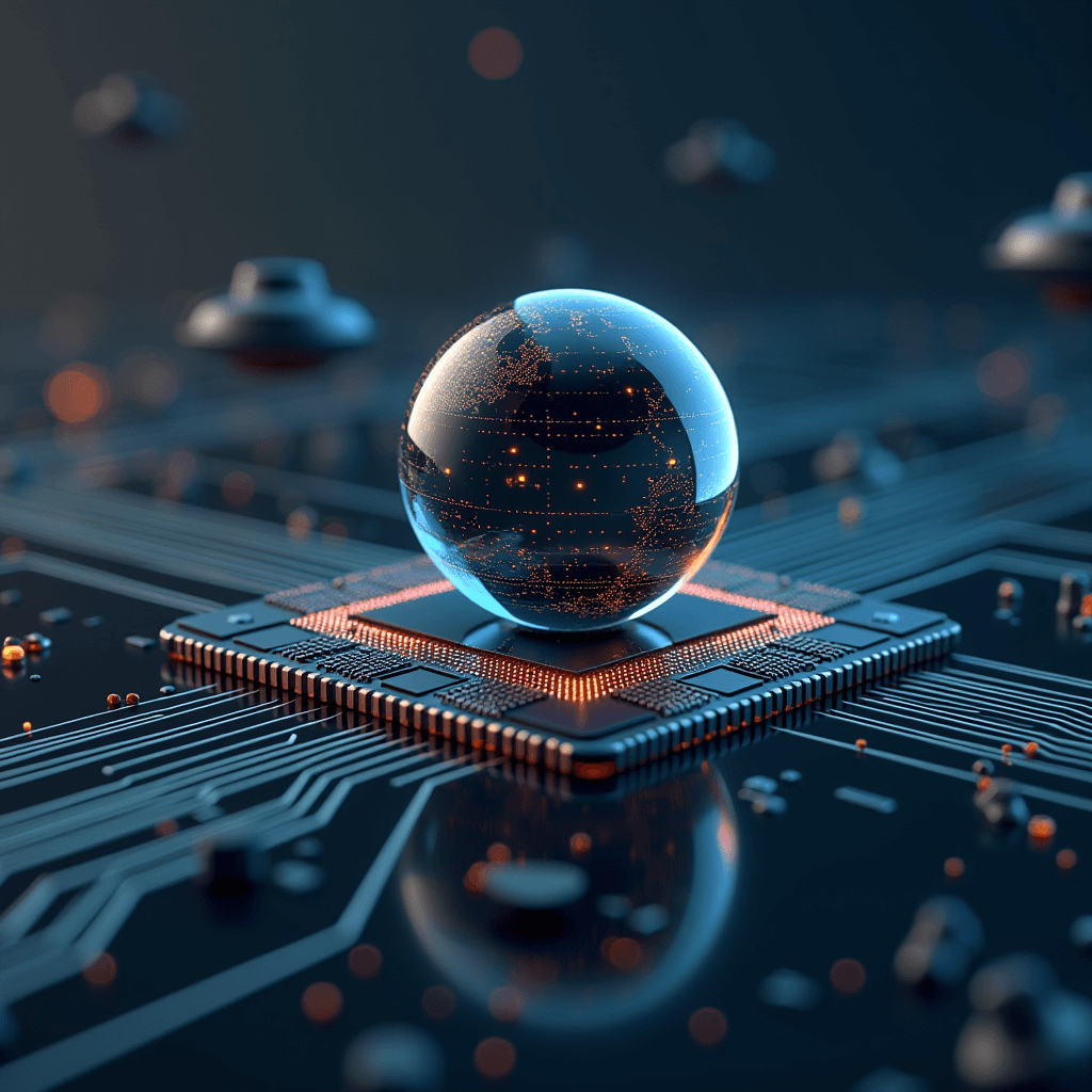 A glowing transparent sphere representing a digital network sits atop a microchip, symbolizing the fusion of global connectivity and technology.