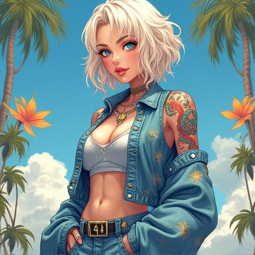Anime inspired character illustration. Woman with blonde wavy hair and blue eyes. Futuristic fashion with denim streetwear. Displaying tattoos and piercings. Exudes confidence as an A-list celebrity. Summer festival theme.