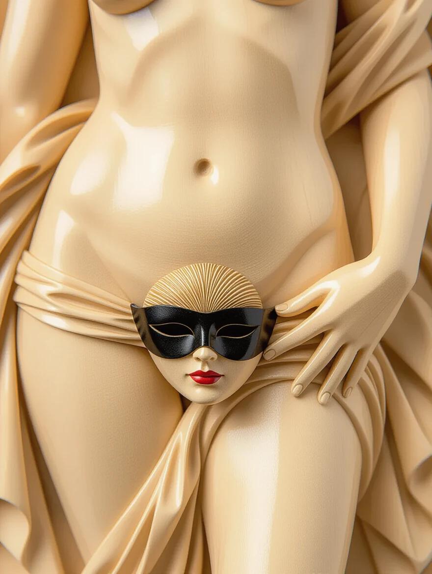 Closeup relief artwork of a nude woman focusing on hips. The wood carving features intricate details and a black mask covering the pubic area. The sculpture has a smooth finish and artistic elements that highlight craftsmanship.