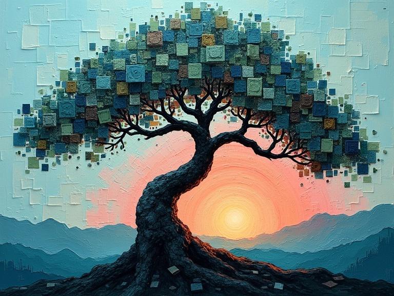 A twisted bonsai tree created from various sized squares. Abstract leaves and flowers transition into a square sunset. The colors blend blues, greens, blacks, with hints of orange and pink. Techniques include sponge dabbing, dry brushing, and sketched outlines.