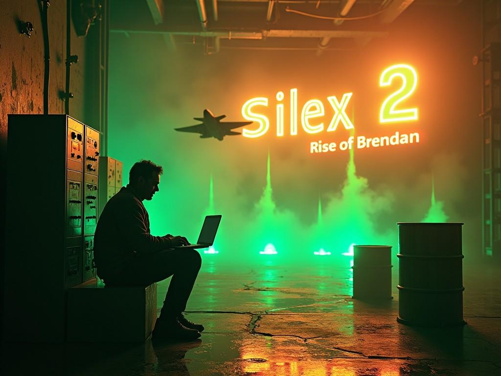 The image depicts a dramatic scene in a gloomy lab setting. An engineer is sitting on the floor, focused on programming on his laptop. Next to him stands a large electrical control panel, and in the distance, there are barrels oozing glowing green goo. Bright green laser beams cut through the smoky background, illuminating the scene. Above, the sky is ablaze with a vivid orange hue, featuring rays from the sun, and a fighter jet passes overhead. The words 'Silex 2 Rise of Brendan' are prominently displayed against the dark background.