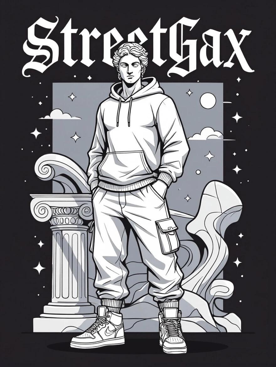 Urban streetwear illustration featuring a Greek-inspired god character in streetwear. Character has a slender figure with smooth anatomy. Wears oversized hoodie and tactical cargo pants with high-top sneakers. The term STREETGAX in gothic-style lettering is integrated into the design. Black background with limited urban color palette.