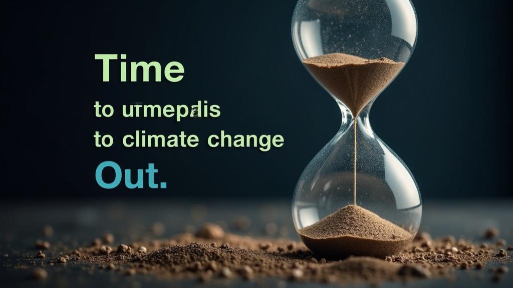 Dramatic image of a large hourglass with almost all sand run through. Dark brown or gray sand symbolizes pollution. Bright upper part of hourglass signifies a positive future. Dark and somber background contrasts with the hourglass and message. Message emphasizes urgency for climate action. Clear and modern typography. Visual representation of limited time for climate action.