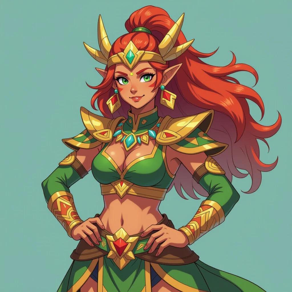 Illustration of a fantasy character with vibrant green armor, long red hair, and confident pose. The character has pointed ears, decorative jewelry, and a heroic expression. Background is a simple teal color.
