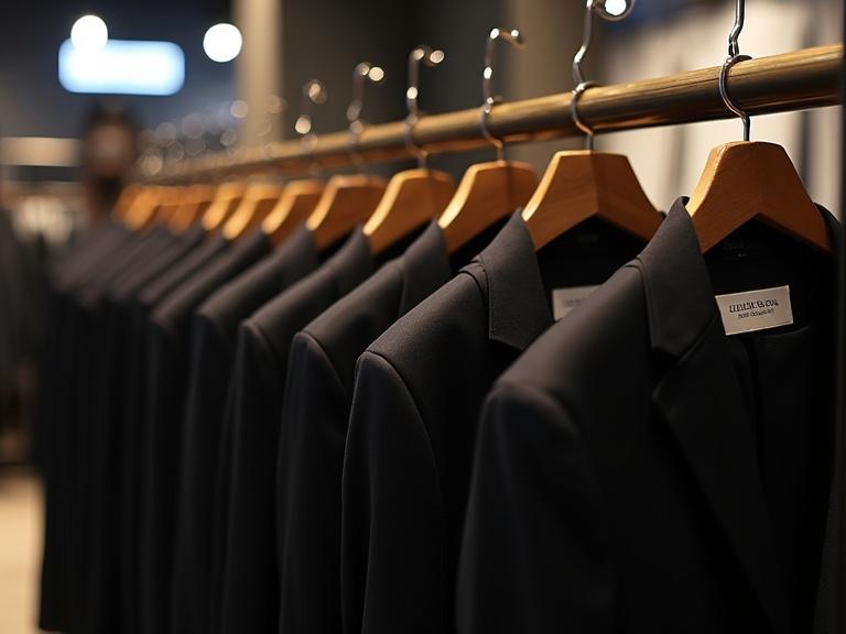 Row of elegant black jackets hanging on wooden hangers. Jackets displayed on a metal rack. Minimalist tags attached to jackets. Well-lit retail interior with warm lighting. Blurred signage and clothing in the background. Focus on clean lines and uniformity of jackets. Evokes elegance and premium fashion.