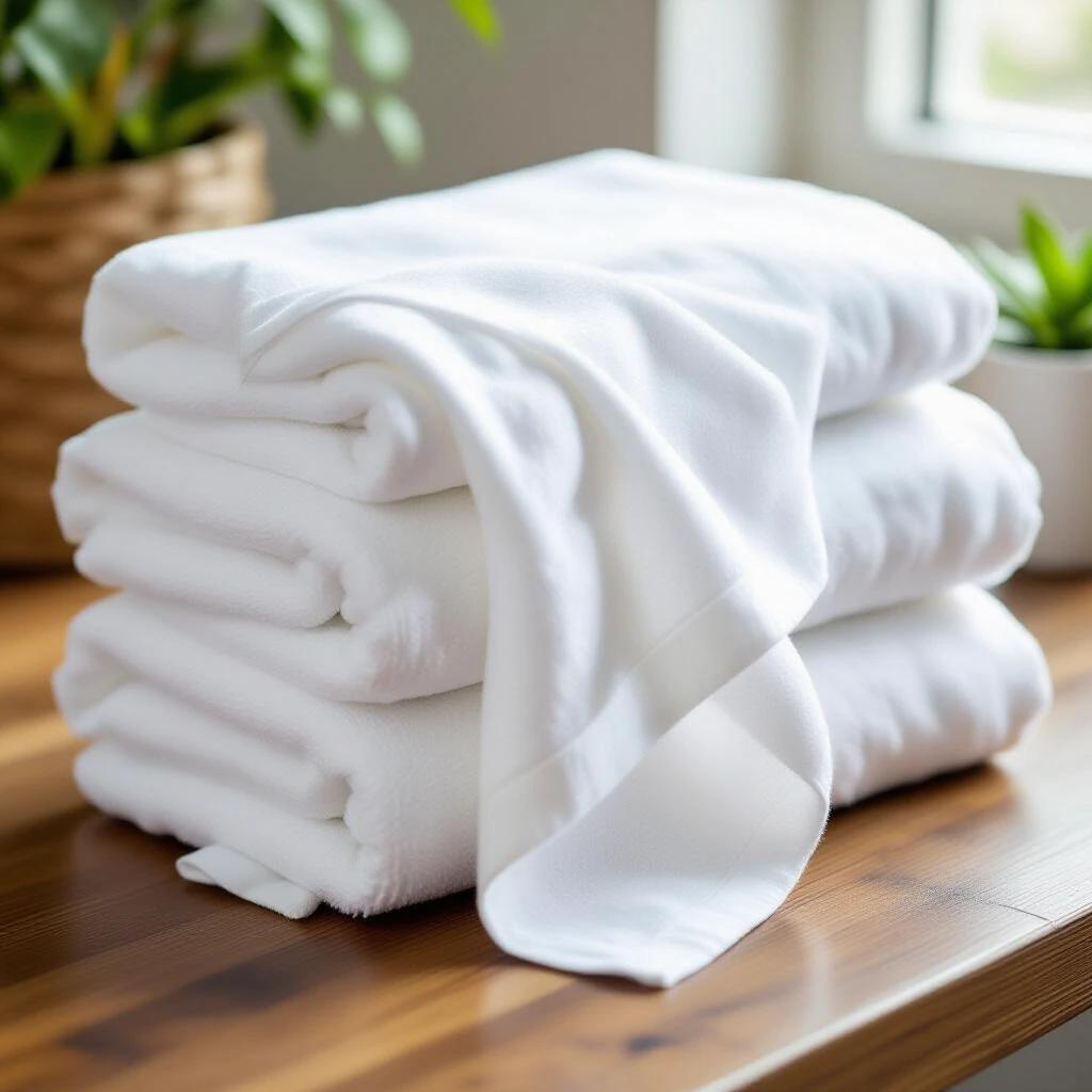 White towels stacked neatly on a wooden surface. Natural light streaming in from the window. Green plants in the background.