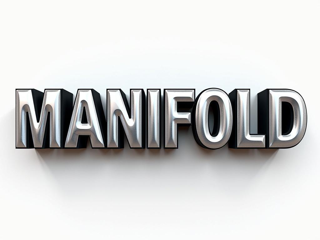 Three-dimensional text 'MANIFOLD' appears in shiny metallic font. Text has a silver and black gradient. Background is simple and clean. Text reflects light dynamically. Design conveys innovation and imagination.