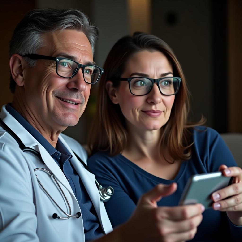 A man dressed in medical attire, likely a doctor, is enjoying a movie night alongside a 40-year-old woman. She has brown hair and wears glasses, resembling a cozy evening in. They both are looking directly at the camera, creating an engaging and friendly atmosphere. The scene feels intimate, as if it's captured in a casual selfie. The lighting is soft, contributing to a warm and relaxed vibe, suggesting they are having a good time together.