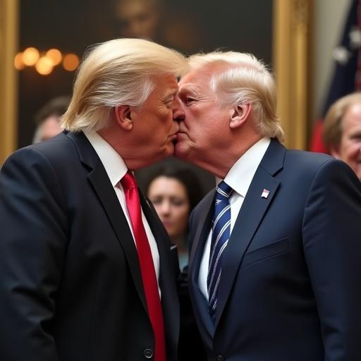 Trump and Elon Musk are depicted kissing. Close-up of their faces. Brightly lit background. Both figures are in formal attire. The scene appears humorous.