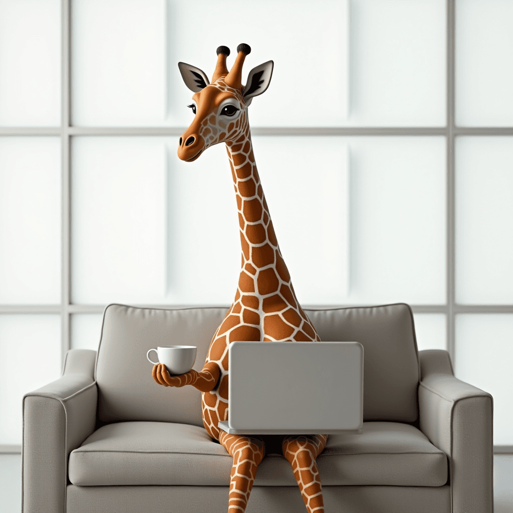 A stylized giraffe casually sits on a modern couch holding a coffee cup, with a laptop on its lap.