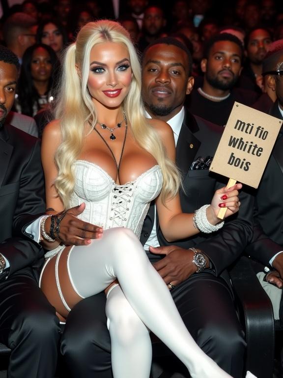 A couple at an awards show. Woman has long blonde twintails and big blue eyes. She wears a white d-cup lace-up corset and thigh-high stockings. The man is large and dark-skinned, holding her in his arms. She smiles at the viewer while holding a sign. They sit closely together with other men around them.