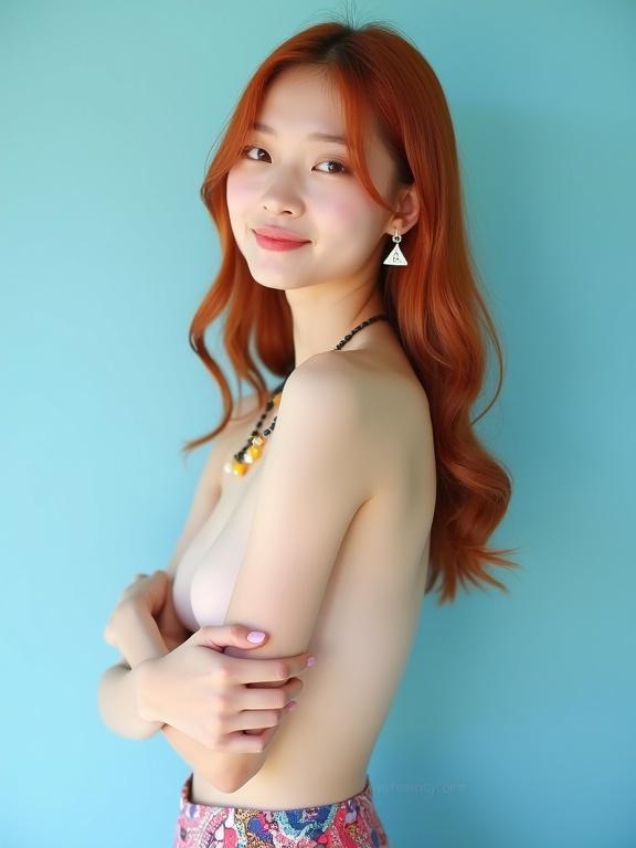Photograph of a young woman with red hair standing against a blue background. She is topless with her arms crossed. Wearing a colorful skirt and jewelry. Light skin and slender build. Smiling slightly while looking over her shoulder. Soft lighting and balanced composition with shallow depth of field.
