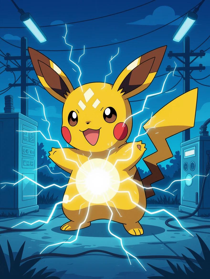 Pikachu in an electric power station generating electricity. Bright electric sparks surround Pikachu. Night scene with power lines in the background.