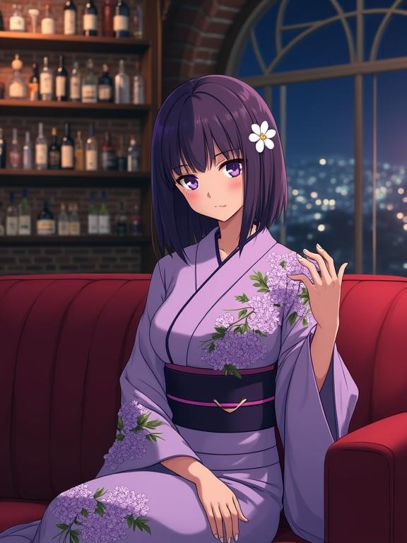 A vibrant illustration of a woman with dark violet bob cut hair sitting on a red sofa. She wears a wisteria-colored kimono with floral patterns. The setting features a bar with liquor bottles and a cityscape in the background. Dim lighting enhances the anime style.