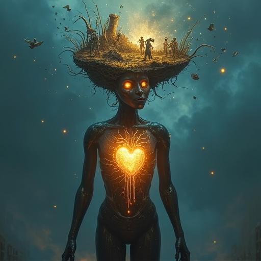Surreal humanoid figure stands in a twilight void. Head split open unveils a miniature battlefield with tiny soldiers. Body chest blooms revealing a glowing golden heart. One hand accusatory the other holding a paper dove. Floating fragments of social media notifications surround the figure. Halo of static and angelic light pulses from the heart.