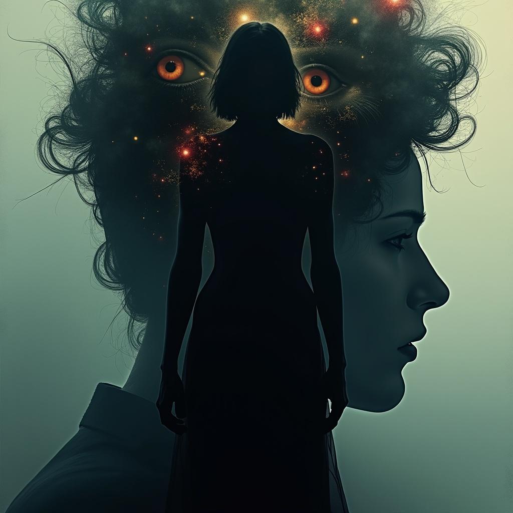 Abstract psychological thriller movie poster. Focus on fragmented silhouette of a woman. Abstract, shadowy presence in background. Central silhouette surrounded by distorted shapes and eyes. Use deep, moody tones like black and deep blues with hints of red or gold. Design minimal and ethereal. Evoke mystery and tension.