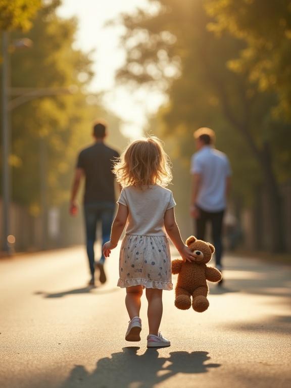 A 2-year-old girl walks on a sunny street holding a teddy bear. Two unknown people walk in the background. The scene is bright and cheerful. The girl appears happy. The street is peaceful with trees lining the sides.