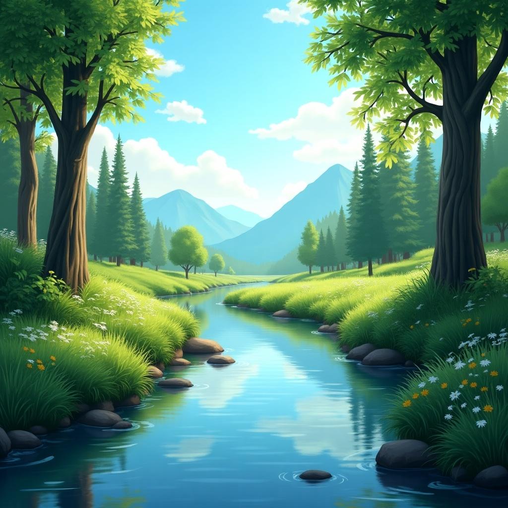 This image depicts a serene nature scene filled with lush greenery and tall trees. The clear blue sky adds to the peaceful vibe, while gentle sunlight filters through the leaves. A gentle river flows through the landscape, beautifully reflecting the sky and surrounding trees. In the background, distant mountains rise, wrapped in soft clouds. Overall, this scene creates a calming and inviting atmosphere that evokes a sense of tranquility.