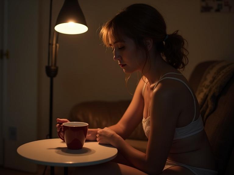 Dramatic intimate scene of a woman in her thirties with freckles and reddish-brown hair. She sits on a small stool in a living room at night. She wears beige cotton lingerie. A white coffee table holds a red mug. The atmosphere feels calm and peaceful. A slightly elevated front angle perspective captures the moment. A nighttime lamp casts light on her hair and half her face. The image is a medium close-up focusing on her expression of sadness and nostalgia. Photography should maintain proper detailing of the human anatomy.