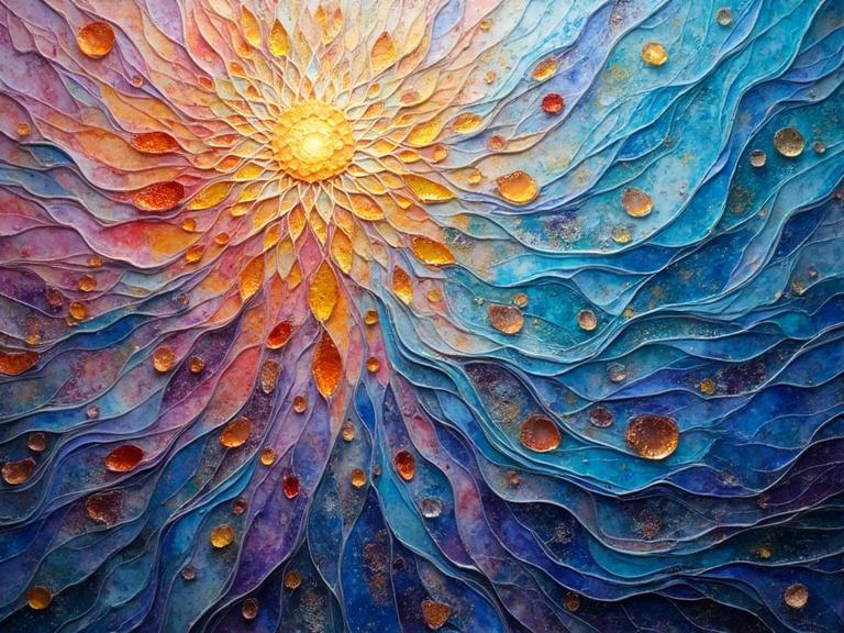 Ethereal abstract artwork featuring a 3D iridescent ceramic tile and glass mosaic. Masterful and flashy mixed media design. Vibrant colors with organic wave-like patterns and a radiant central sun.