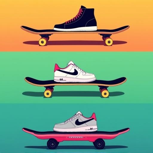 A vibrant illustration of three unique skateboards with different styles. The top has a wooden skateboard with black high-top sneakers on an orange gradient. The middle features a black skateboard with yellow wheels and white Nike shoes on a green background. The bottom shows a hoverboard with a pink base and gray Nike sneakers on a turquoise backdrop. The style is modern and graphic, capturing skate culture.