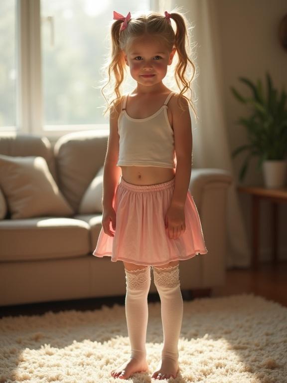 A blonde girl stands in a cozy living room. She wears a crop top and pink skirt with lace socks. The lighting is warm and soft. She appears shy and curious. The scene feels natural and informal.