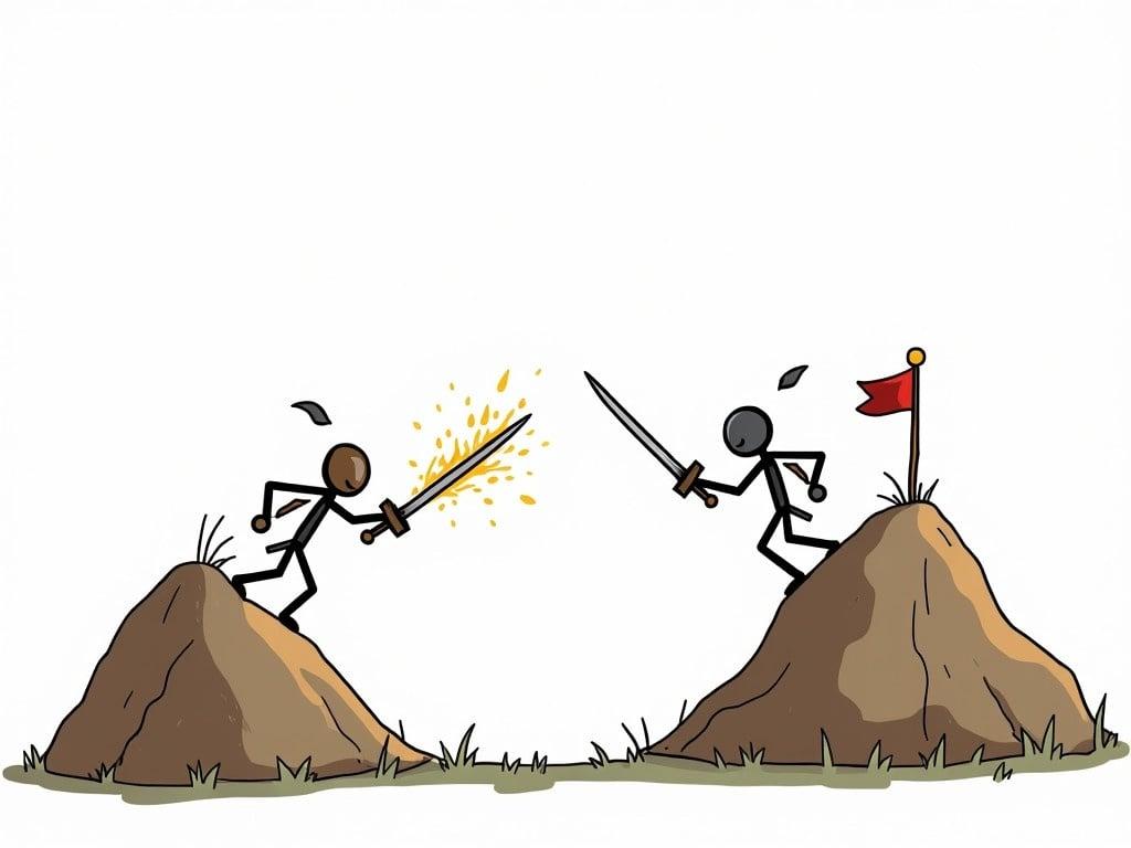 Hand-drawn animation scene with two stickmen battling on hills. They charge at each other with swords drawn. Sparks and action depicted with quick exchanges. One stickman performs a spinning attack. The other executes a backflip. The fight showcases agility and quick moves. One stickman disarms the other, who recovers by throwing a rock. A final blow is landed and victory is claimed with a flag at the hilltop.