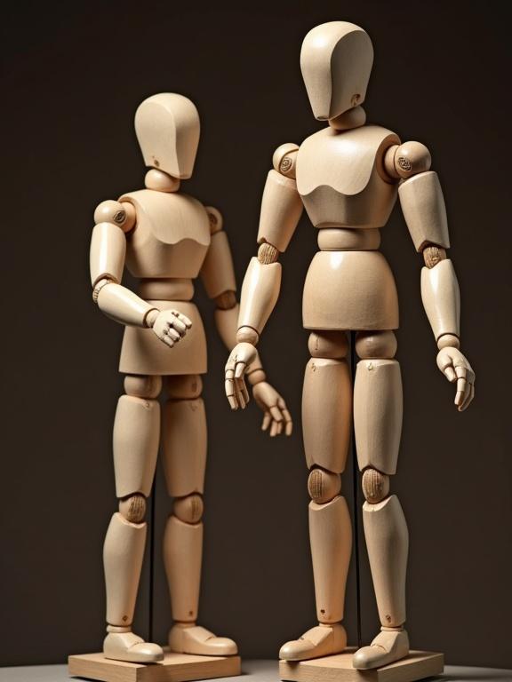Wooden puppet figures. Marionette puppets controlled by strings and hand manipulation. Nude puppet theater human model poses.