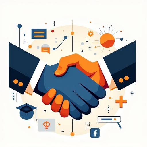 Stylized abstract representation of a handshake symbolizing business cooperation. Bold geometric shapes intertwined. Vibrant colors like blue and orange suggest collaboration. Dynamic composition with varying lines and curves. Abstract office elements subtly integrated. Energetic and collaborative atmosphere as core of professional partnerships.