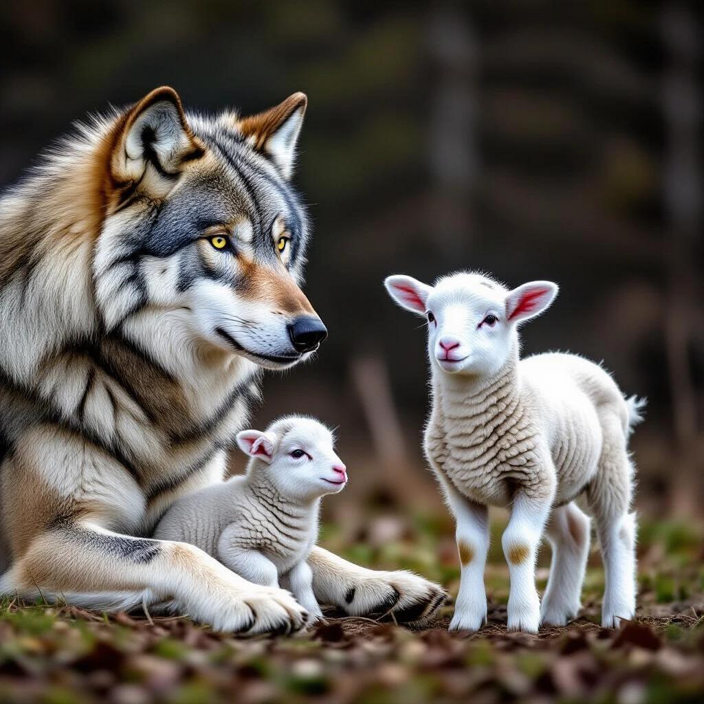Illustration of a wolf with two baby lambs. Wolf acts as a protective father to the lambs. In the background, a mother lamb is visible, showing signs of injury. The artwork appears as black and white sketches.