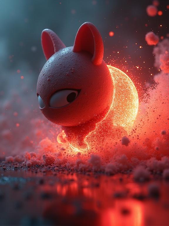 Cinematic 3D advertisement showcasing Burbuja in dynamic mid-motion. Visual expression of core energy with dramatic lighting and particle effects. Hyperrealistic and bold design reflecting a nerdy personality. Brand logo designed from product elements with creative slogan. 1:1 aspect ratio.
