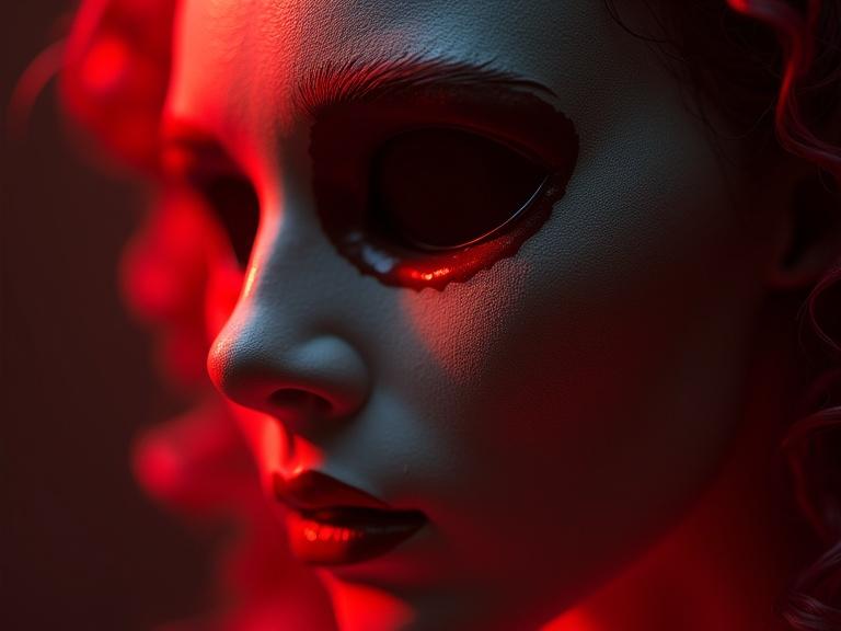 A striking image of a porcelain mask under dramatic lighting. Blood red accents create a haunting allure with elegant details.