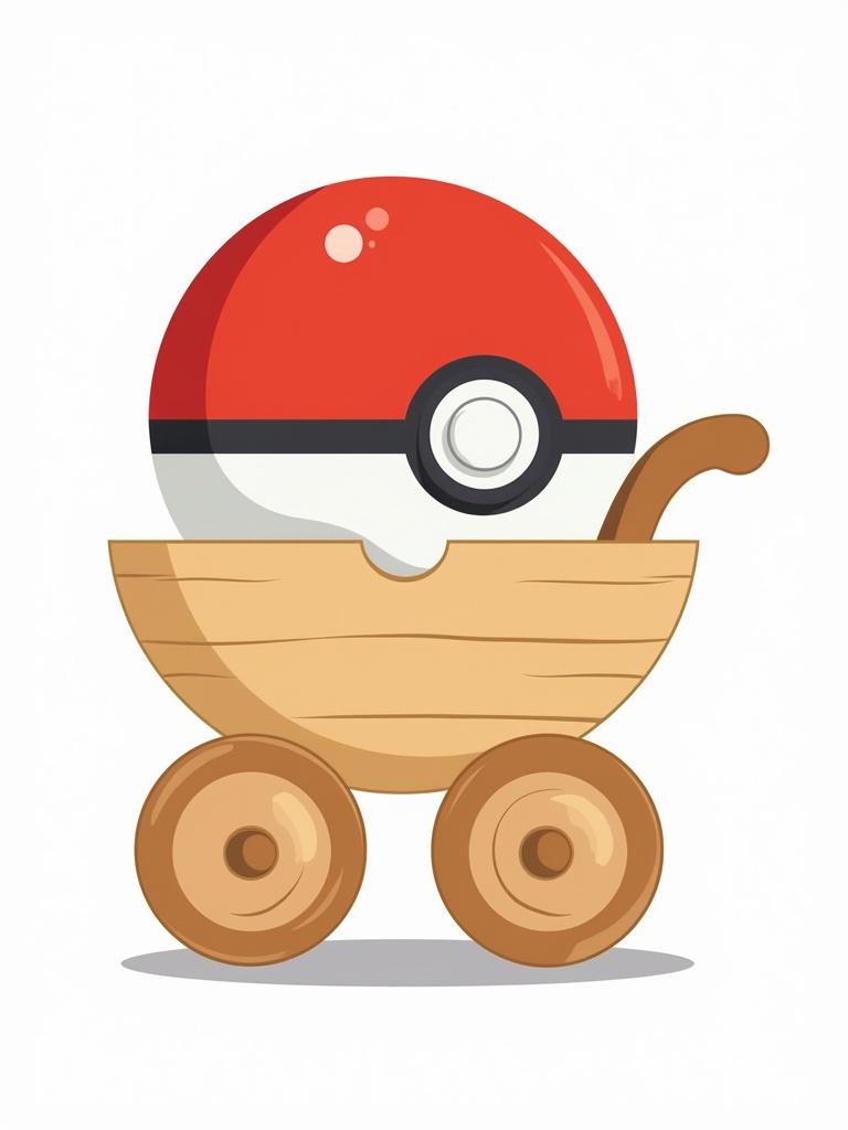 Image features a baby carriage transporting a Pokéball. The Pokéball is red and white with a spherical upper half and a wooden lower half. The baby carriage resembles traditional designs with four wheels and a handle. The style is cartoon-like and colorful with no background.