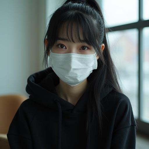 A young woman with black hair styled in a high ponytail. She wears a white surgical mask and a black hoodie. The scene is intimate with a calm mood, emphasizing her expressive eyes and subtle melancholy. Natural light filters in from a window, creating a soft-focus atmosphere.
