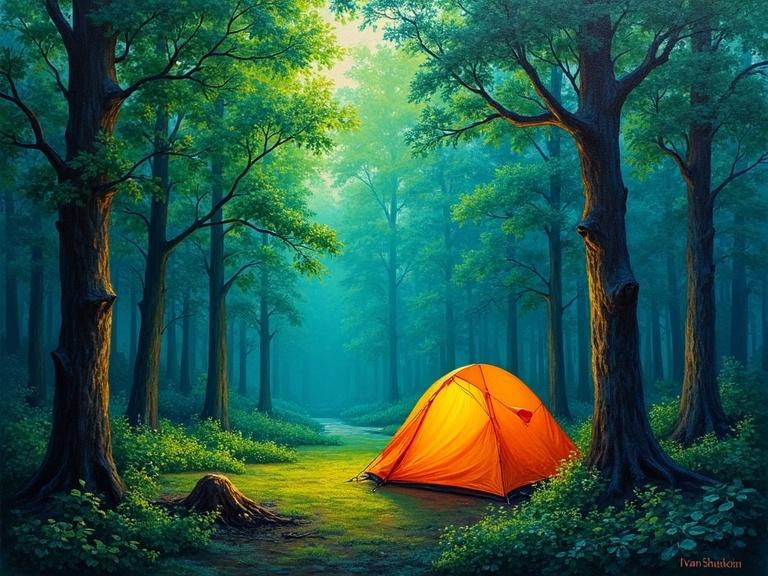Camping scene in a dense forest with a glowing neon green foliage. Impressionist oil painting style. A vivid depiction of nature with detailed brushwork and warm colors.