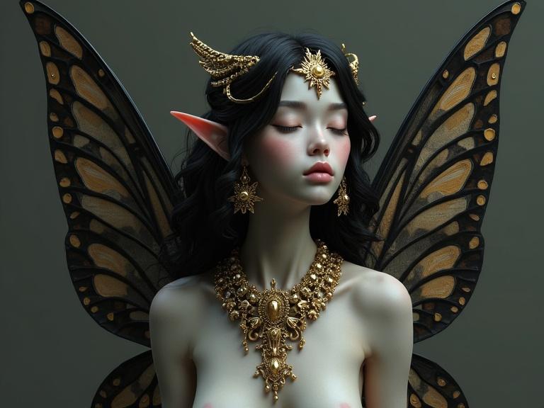 3D rendering of a dark fairy with butterfly wings. She has pointed ears and closed eyes. Features are delicate with a serene expression. Skin is grayish-blue with dark, curly hair. Wears ornate gold jewelry including a headpiece, earrings, and a necklace. Very charming.