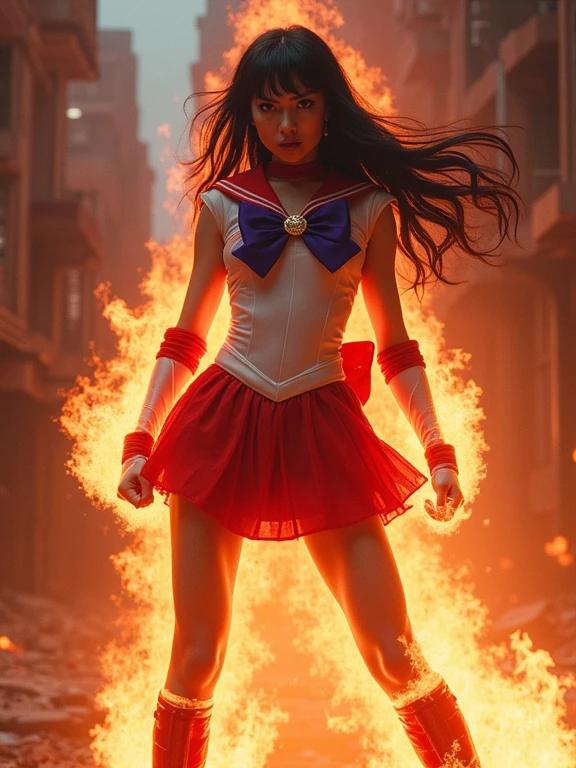 Cinematic shot of Sailor Mars from Sailor Moon. She's angry and standing in a fighting stance. She wears a futuristic red and white sailor uniform. A white blouse features a purple bow. Pleated red miniskirt has translucent panels. The ribbon is flowing behind her. Long black hair flows dramatically. Red stiletto heels are worn. Flames surround her, creating an intense effect. Background shows apocalyptic city slums.