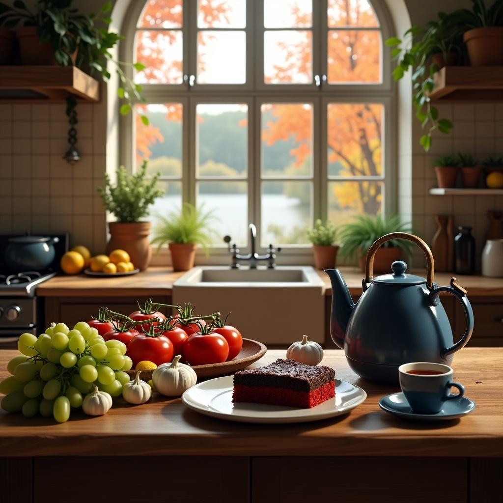 Detailed kitchen setting featuring a rustic wooden stove and antique crockery. Kitchen island has red tomatoes, white garlic, leafy vegetables, green grapes, yellow lemons, black forest cake, red velvet pastry. Dark blue kettle and cup on a table. Scenic lakeside views with orange-red autumn leaves visible through large windows.