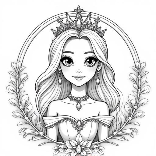 Charming black and white line art. Portrait of a lovely young princess with gentle eyes and wavy hair. She wears an ornate crown and matching jewelry. Her gown is off-the-shoulder with lace details. Subtle oval frame and floral elements in the background. Clean lines. Sweet and regal.