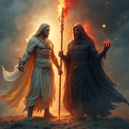 Two gods representing life and death. One with a light aura and a weapon of peace. The other with a dark aura and a weapon of death. They stand side by side.