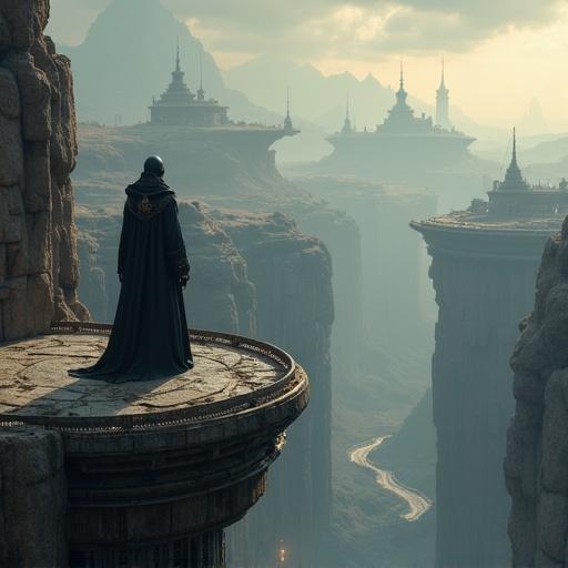 Tech-Priest Dominus stands on a high gantry overlooking vast canyons. Many whirring servo-skulls surround the figure. A futuristic landscape stretches out in the distance with towers. Skyline features an intricate architectural design. Lighting is dramatic and highlights high contrast throughout the scene.