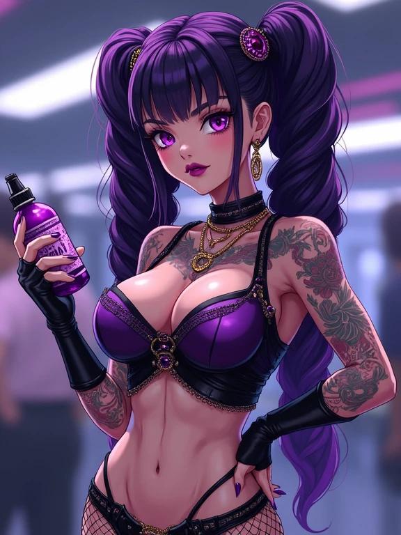 Anime character stands confidently in a modern illegal drugs factory. Woman in stylish and sexy black and purple streetwear. Attire features elegant details and fishnet designs. Long amethyst purple curly hair styled in oversized pigtails. Urban background with advanced technology visible. Holding a bottle in a threatening manner.