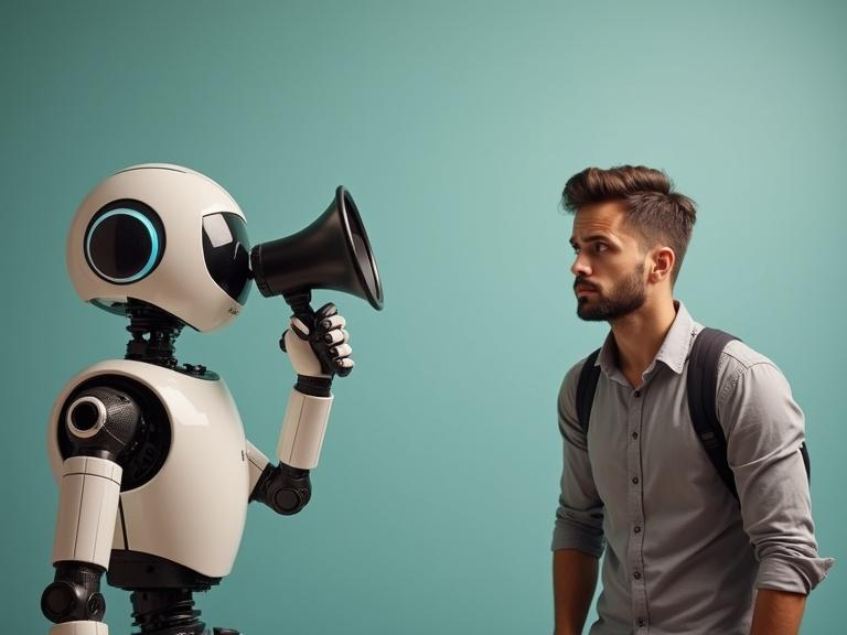 Robot holds megaphone. Human marketer looks concerned. Turquoise background. Robot and human interact in a modern setting.